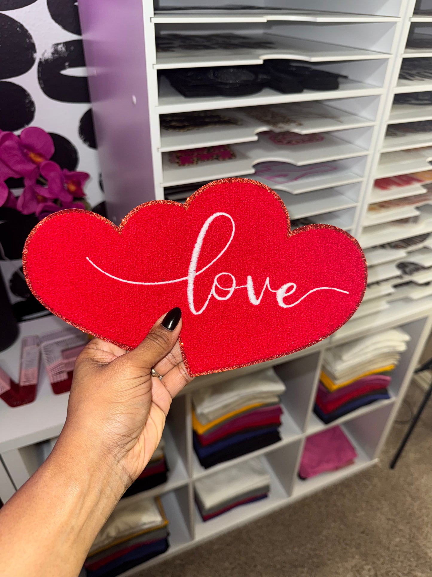 Double Heart Love Embroidered Chenille Iron On Patch ONLY (Red & White)