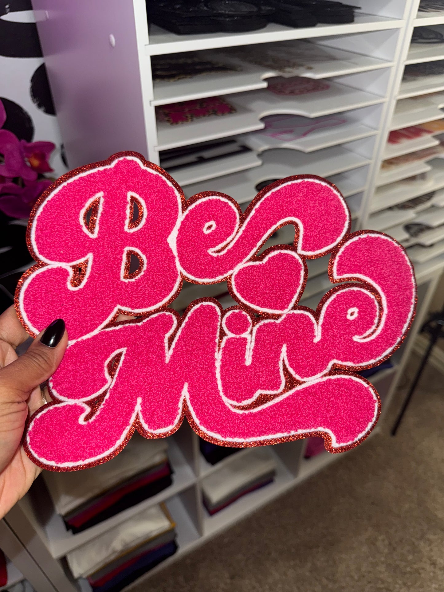 Be Mine Embroidered Chenille Iron On Patch (Pink w/ Gold Trim)