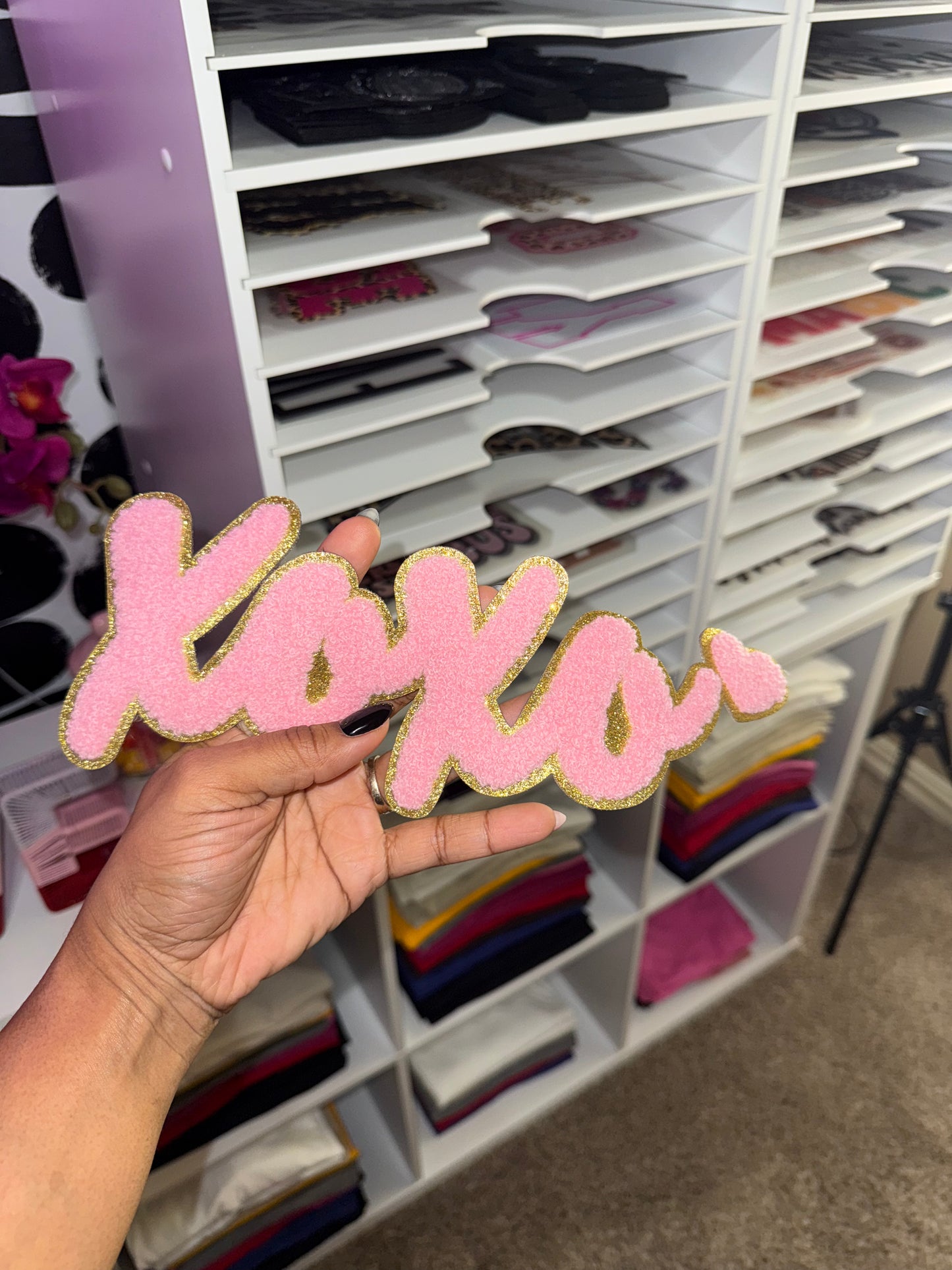 XOXO Embroidered Chenille Iron On Patch ONLY (Light Pink w/ Gold Trim)