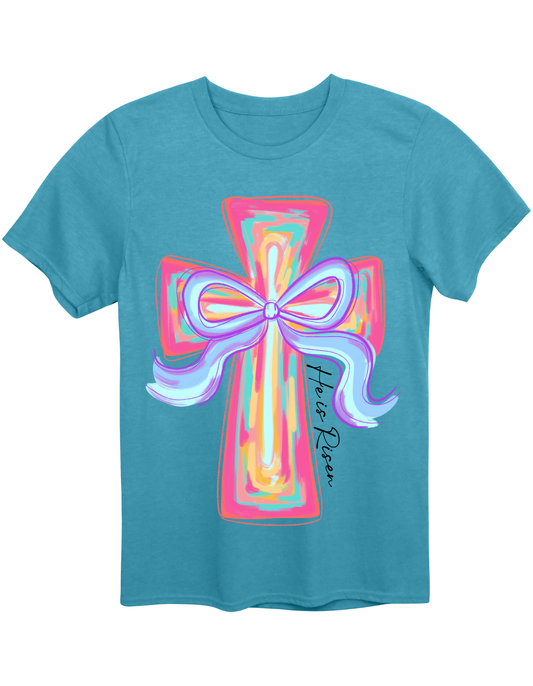 Colorful Cross He is Risen Tee