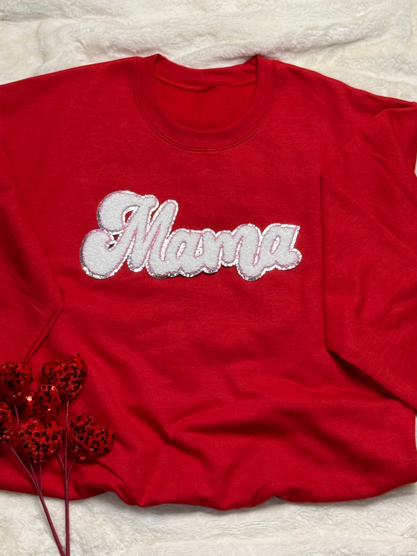 White & Pink Mama Chenille Patch Sweatshirt