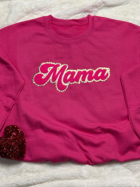 Hot Pink w/ Gold Trim Mama Chenille Patch Sweatshirt