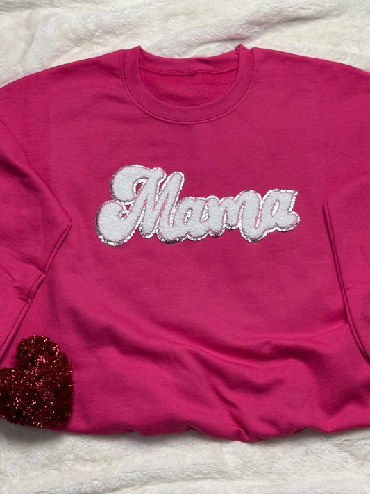 White & Pink Mama Chenille Patch Sweatshirt