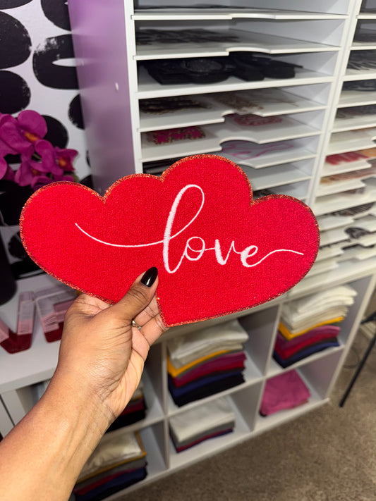 Double Heart Love Embroidered Chenille Iron On Patch ONLY (Red & White)