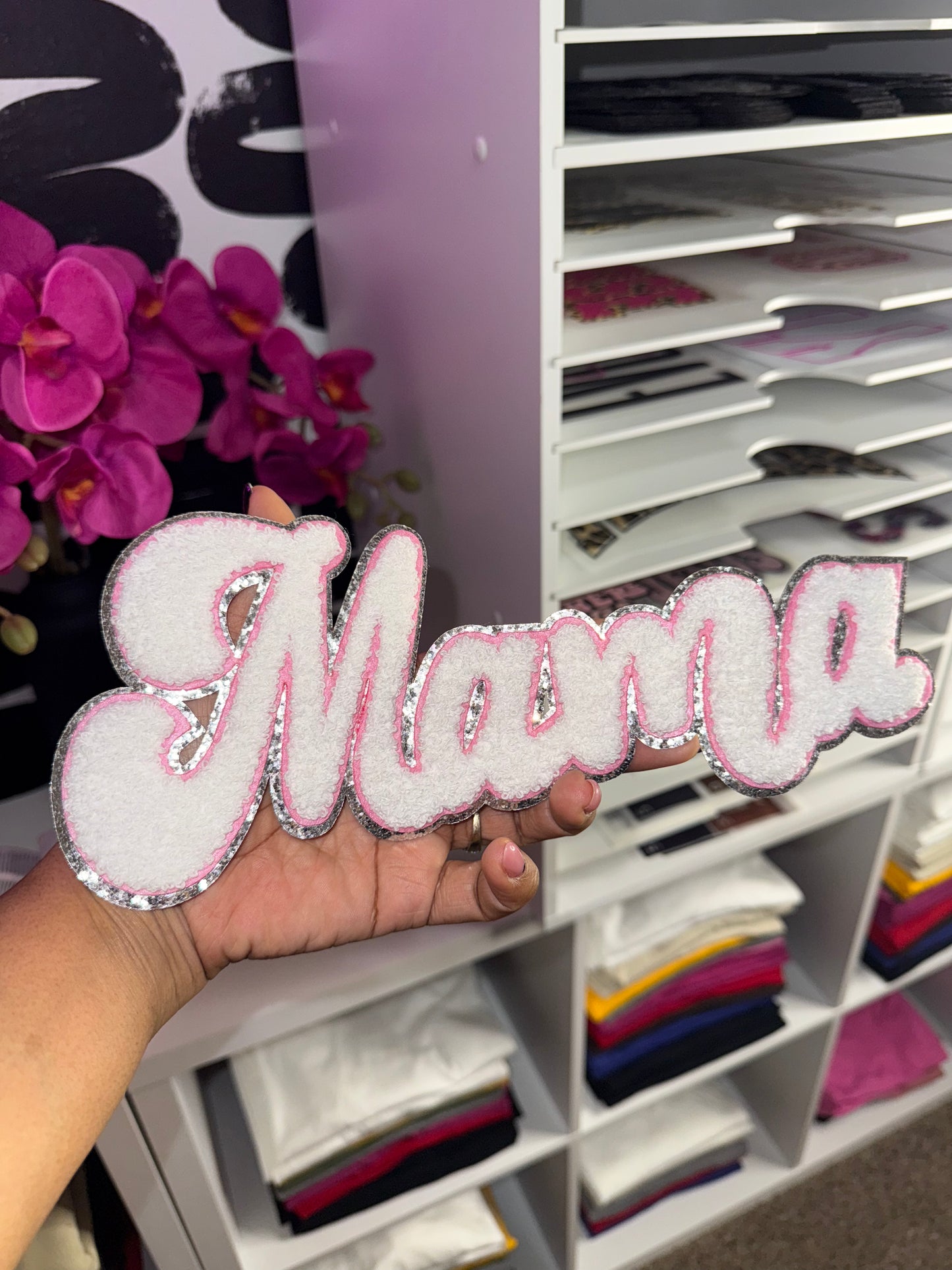 Mama Chenille Patch ONLY (White with Pink and Silver Glitter Trim)