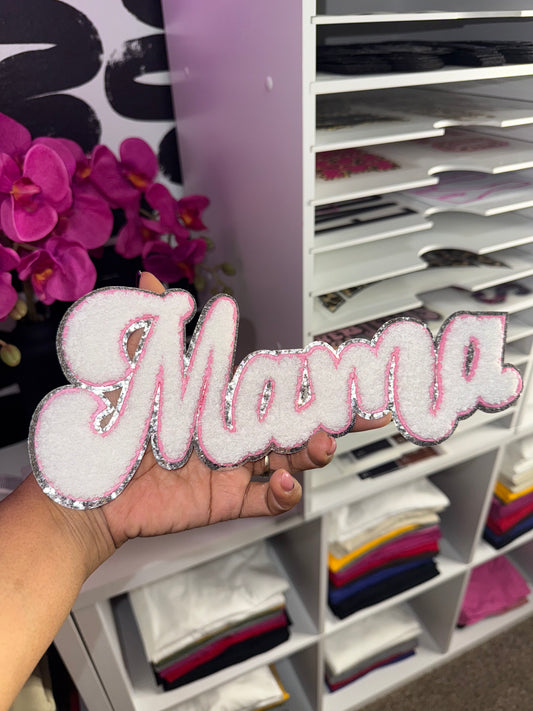Mama Chenille Patch ONLY (White with Pink and Silver Glitter Trim)