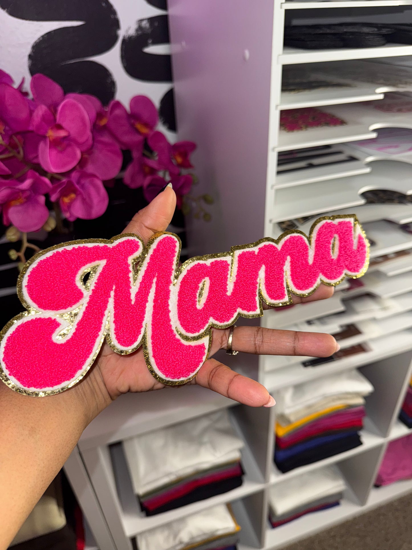 Mama Chenille Patch ONLY (Hot Pink with White & Gold Trim)