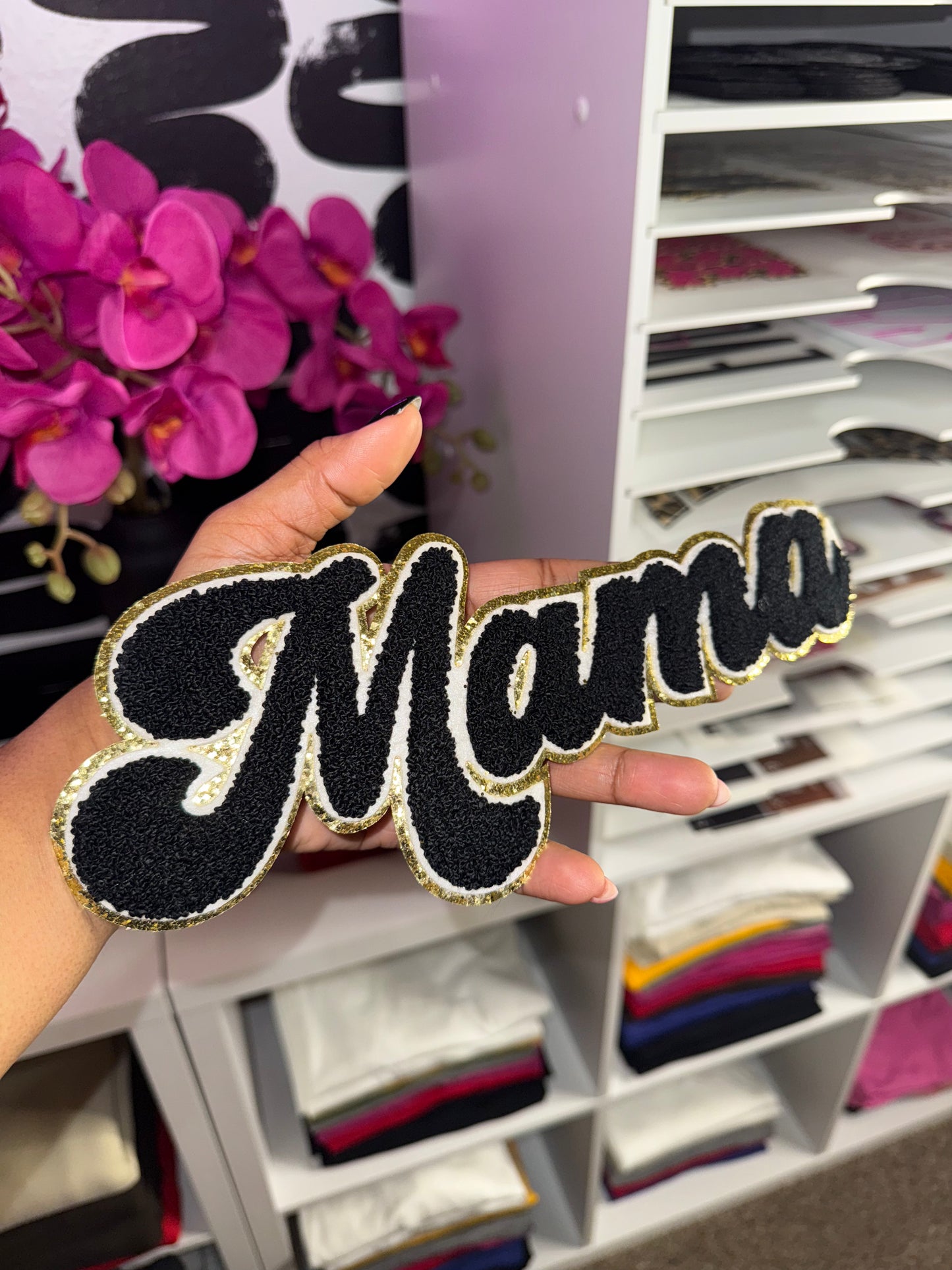 Mama Chenille Patch ONLY (Black with White & Gold Glitter Trim)