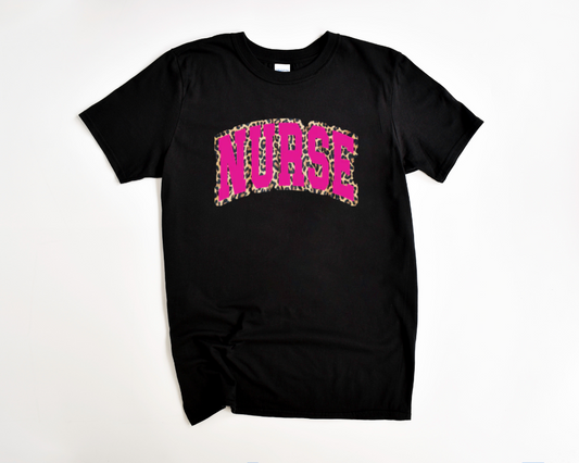 Nurse Tee (Hot Pink & Leopard Trim)